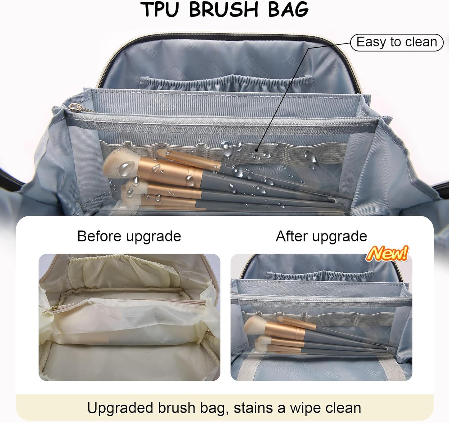 Travel Makeup Bag Organizer Cosmetic Bag: 3 Pcs Set Make up Bags for Women with Handle - Waterproof Vegan Leather Toiletry Bags with Comparments (C-04-Beige)