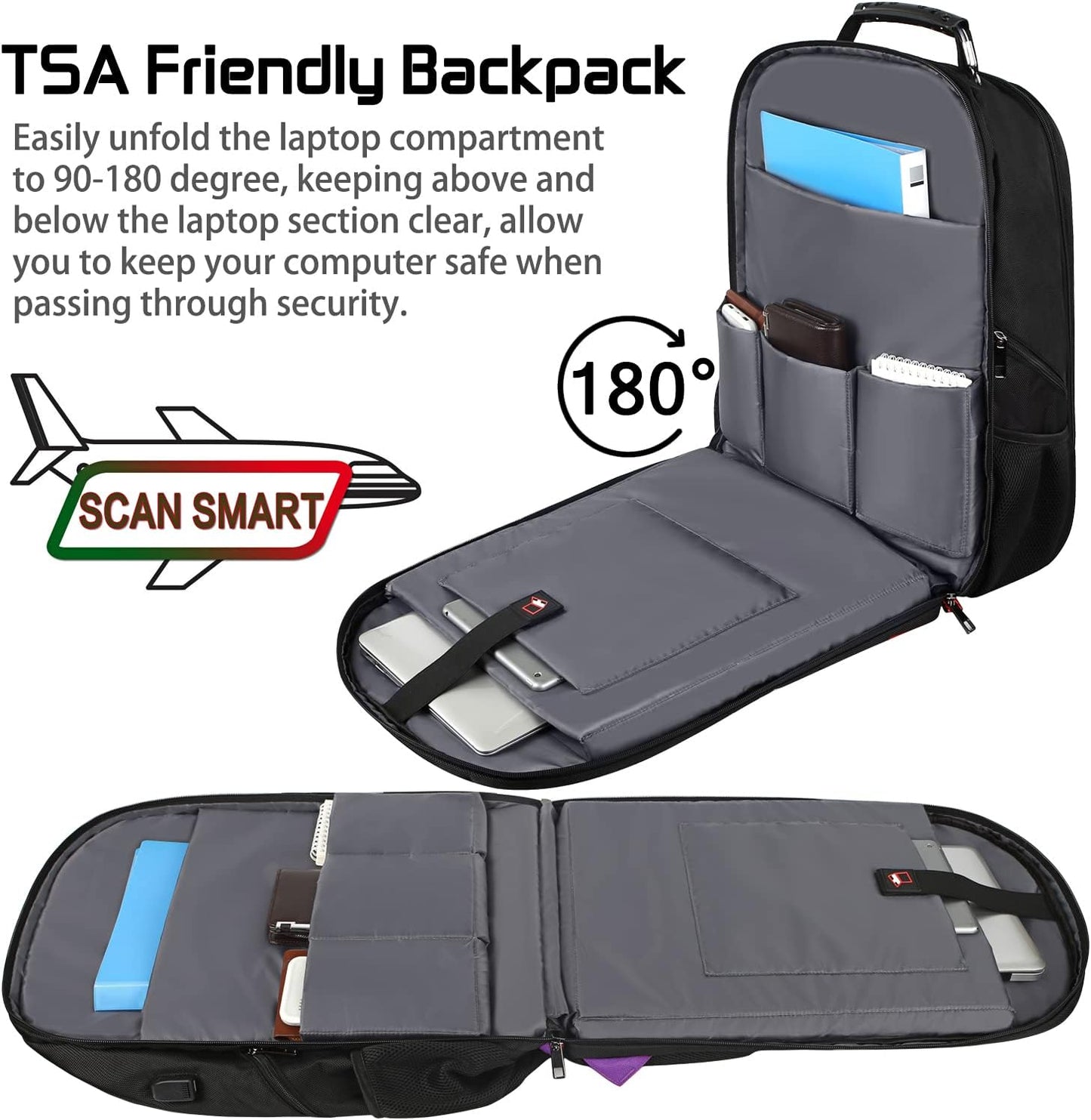 18.4 inch Travel Backpack Men Women, 55-60L Extra Large Laptop Backpack RFID Anti Theft TSA Friendly Flight Approved Backpacks, Water Resistant College School Heavy Duty With USB Charging Port, Purple