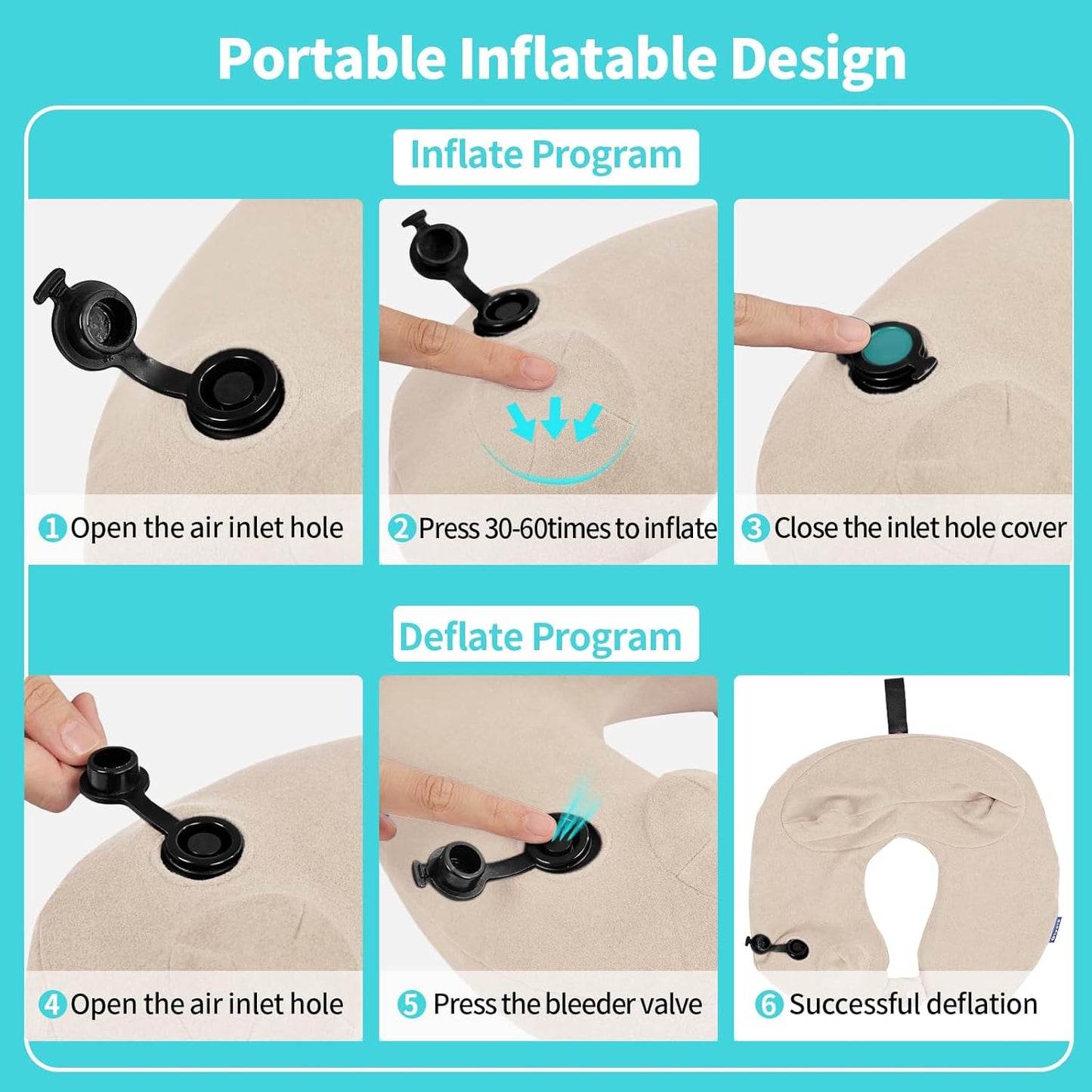 Inflatable Travel Neck Pillow for Airplane, Head Support Velvet Adult Neck Pillow for Long Flight, Kit with Eye Mask, Earplugs and Storage Bag,1, Beige