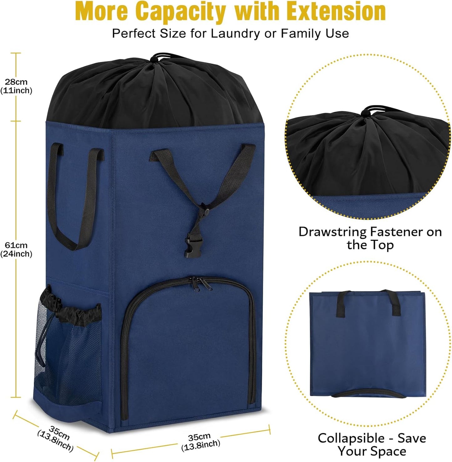 Laundry Bag Backpack Extra Large, 110L Laundry Backpack Heavy Duty with Shoulder Straps, Collapsible and Mesh Pocket Dorm Laundry Basket Hamper Bag for College, Travel, Laundromat, Apartment Blue