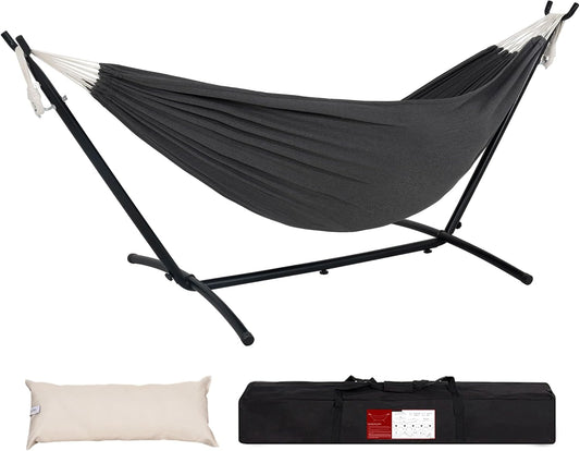 Lazy Daze Hammocks Double Hammock with 9ft Space-Saving Steel Stand Includes Portable Carrying Case, 450 Pounds Capacity (Dark Grey)