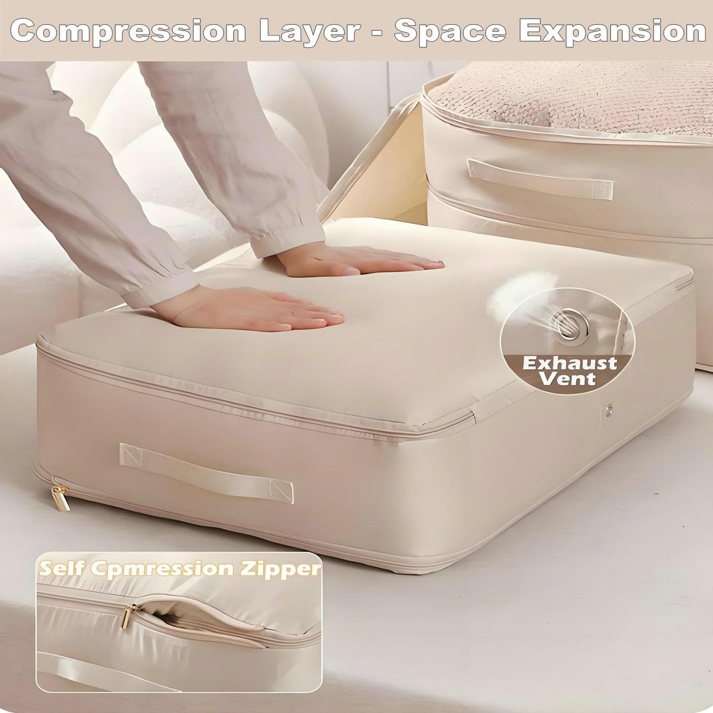 Ultra Space Saving Self Compression Organizer, 2025 New Large Capacity Storage Bag, Thick Satin Fabric Heavy Duty Bags for Comforters Blankets Bedding Duvet (Beige, Large, 21x17x12in)