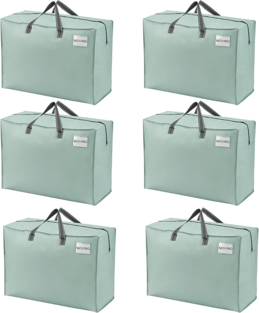 VENO 6 Pack Heavy Duty Moving Bags, Storage Bags, Packing Supplies, Top Zipper, Storage Totes for Camping, Clothes, Bedding, Comforters, Pillows (27 Gallon Light Green, 6 Pack)