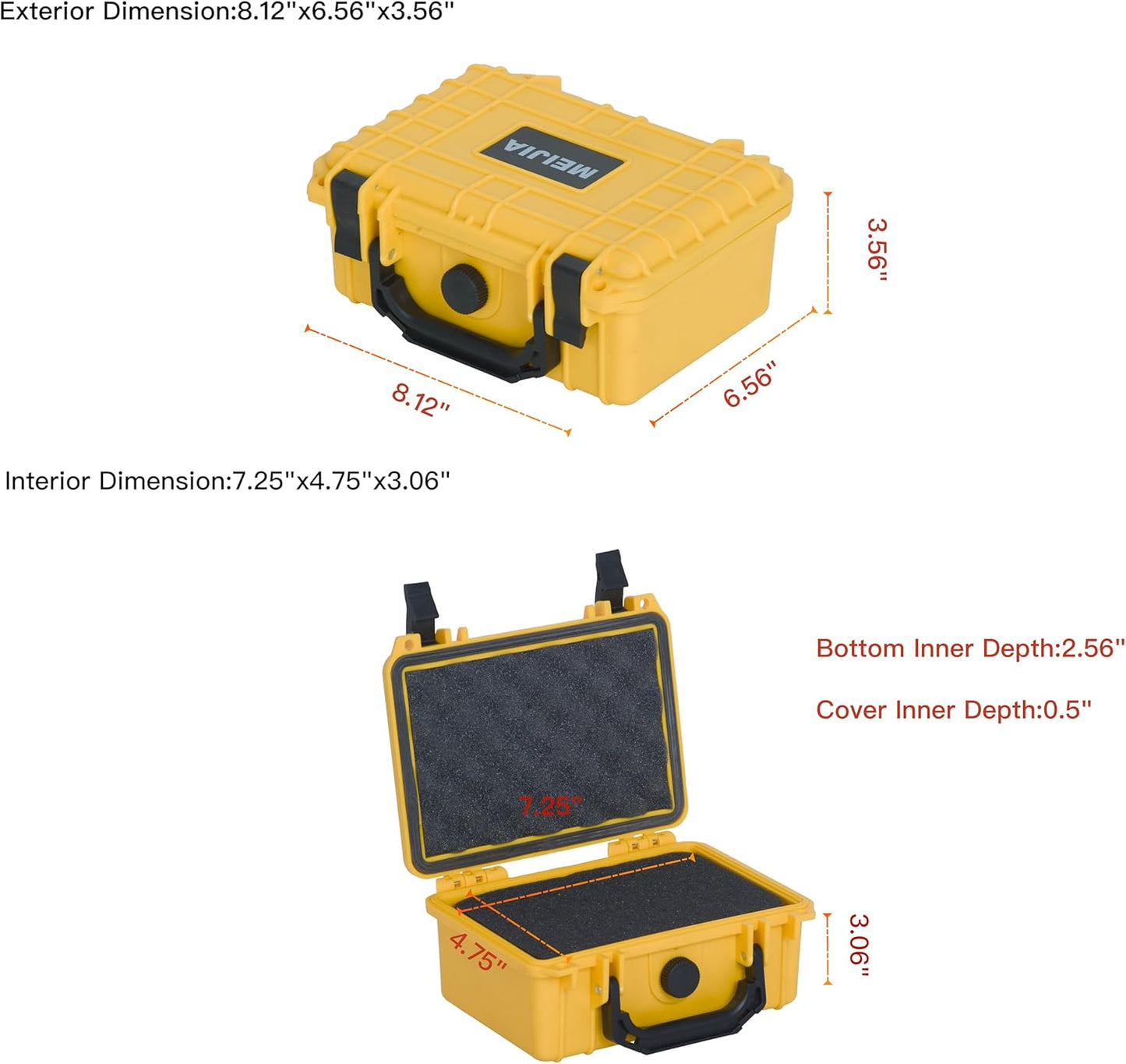 MEIJIA IP67 waterproof hard compact case,Customizable Fit Foam,8.12”x6.56”x 3.56”,Fit Use of Drones, Cameras,Equipments,lens (Yellow)