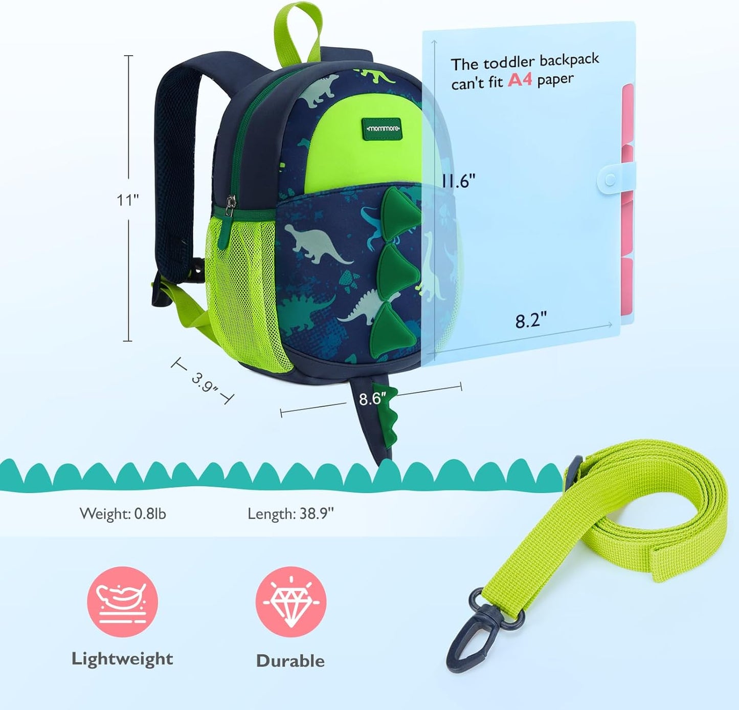 mommore Toddler Backpack for Boys 2-4 Small Cute Dinosaur Backpack with Kids Leash, 3D Cartoon Preschool Kindergarten Bookbag for Pre-k, Green