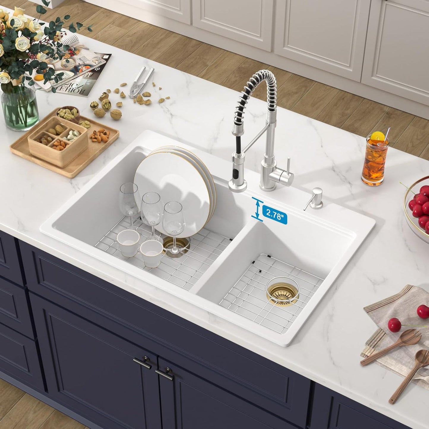 33 Inch Double Bowl White Kitchen Sinks 33x22 Granite Composite Dorp In 60/40 Basin with Luxury Accessories Quartz Workstation Sinks with Noise Reduction Durable and Hard Gold Accessoris Sink