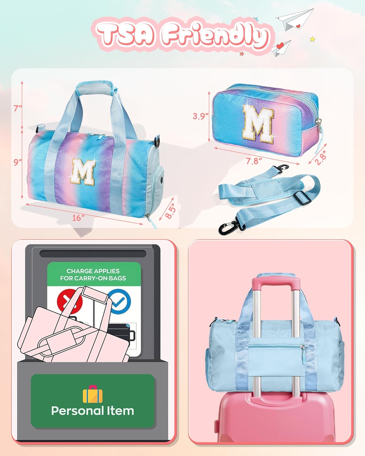 Birthday Gifts for Granddaughter-Girl Gym Bag with Shoe Compartment, Kid Personalized Weekender Overnight Bags, Initial Travel Tote with Makeup Pouch Valentine's Day Gift for Kids (Letter I)