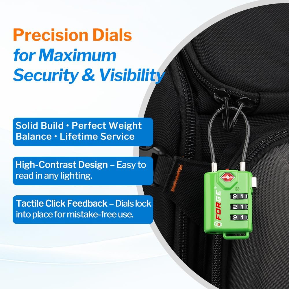 TSA Approved Cable Luggage Locks, Re-settable Combination with Alloy Body (Green 4 Locks)