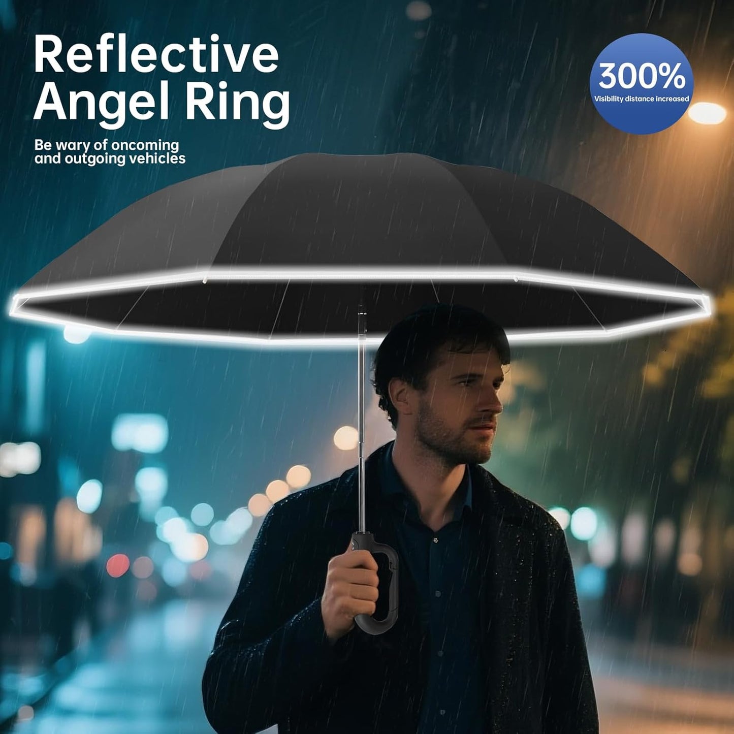 Portable Travel Umbrella, compact, durable, and windproof, reverse folding umbrella with safety reflective ring design, suitable for car and outdoor travel