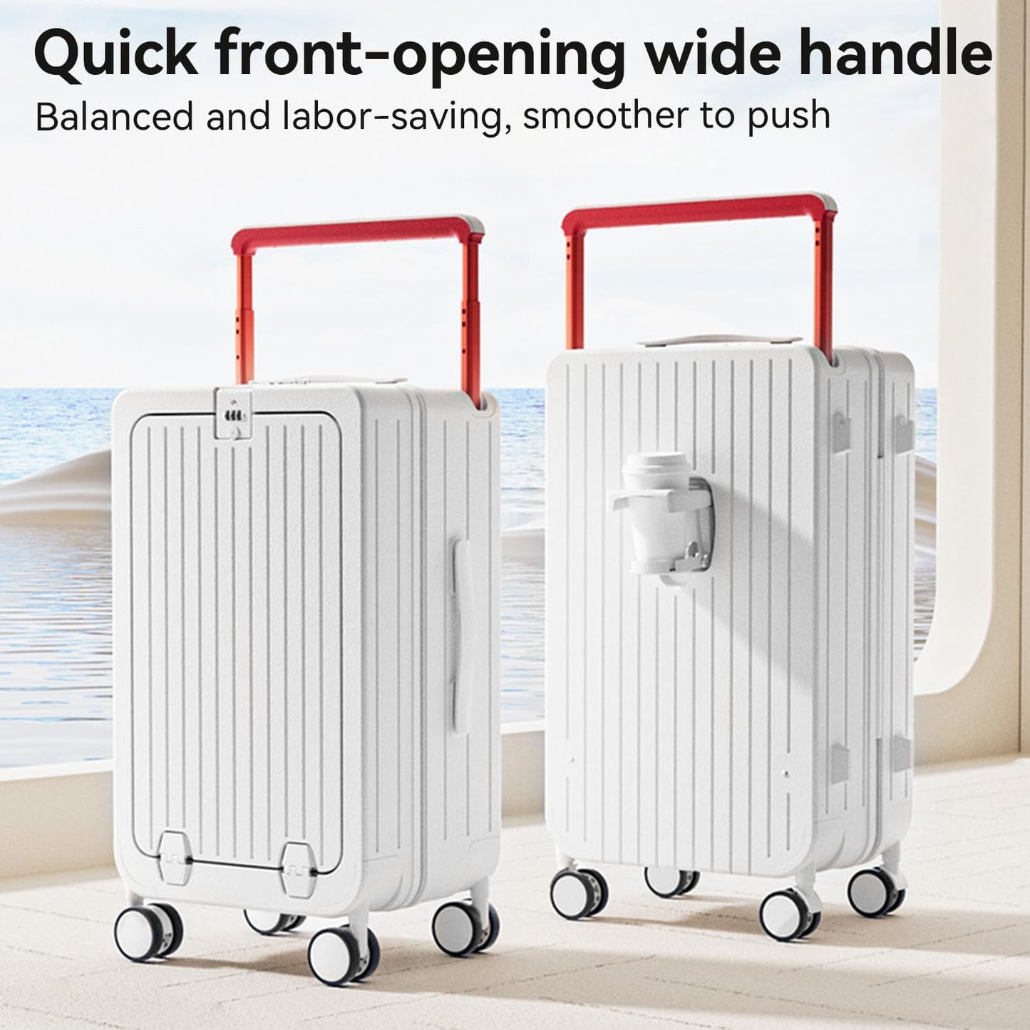SOKOK Front Pocket Luggage with Spinner Wheels, 24'' Wide Handle Travel Suitcase PC Hardshell Multifunctional Luggage with Charging Port and Cup Holder, White