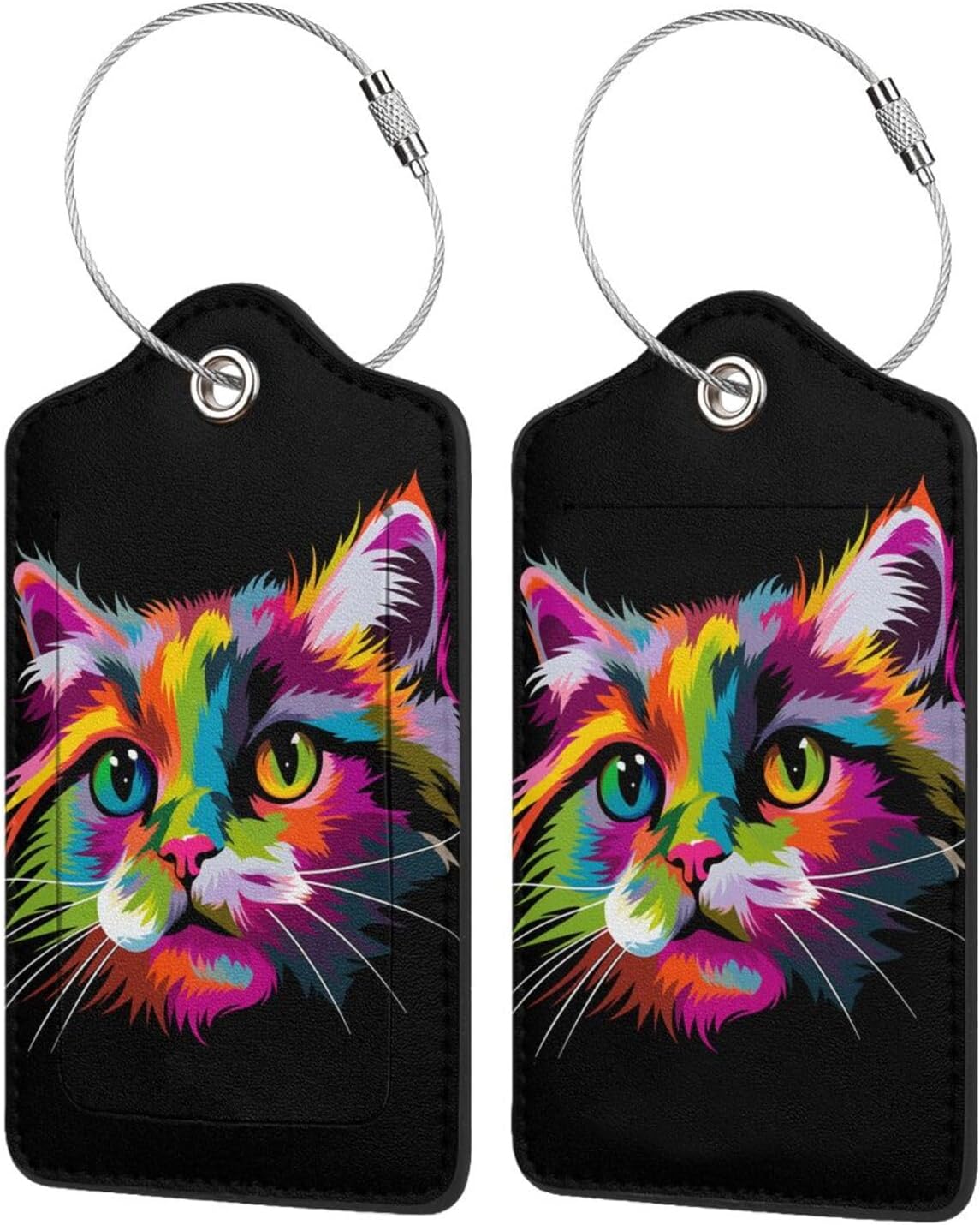 Cat Leather Luggage Tag with Stainless Steel Ring, Fun Name Id Card Cover Travel Bag Tag Set, Suitable for Travel Bag Luggage Women Men 2 PCS