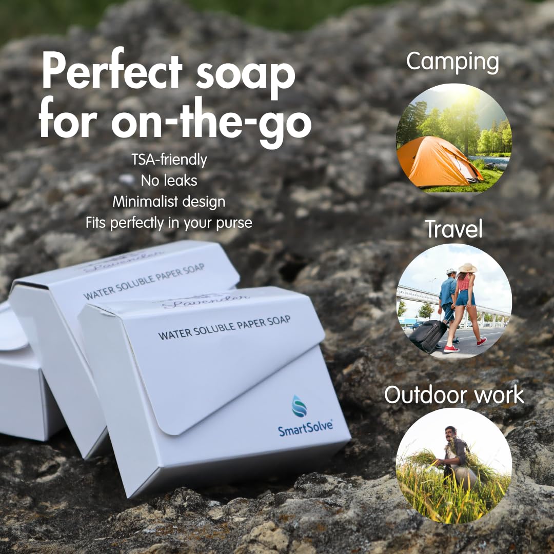 Lavender Scented Soap Sheets (Pack of 5, 50 sheets) - Eco-Friendly, Water-Soluble, Biodegradable, TSA-Friendly Travel Pocket Hand Wash | Cruelty-Free, Alcohol-Free, Gentle on Skin,