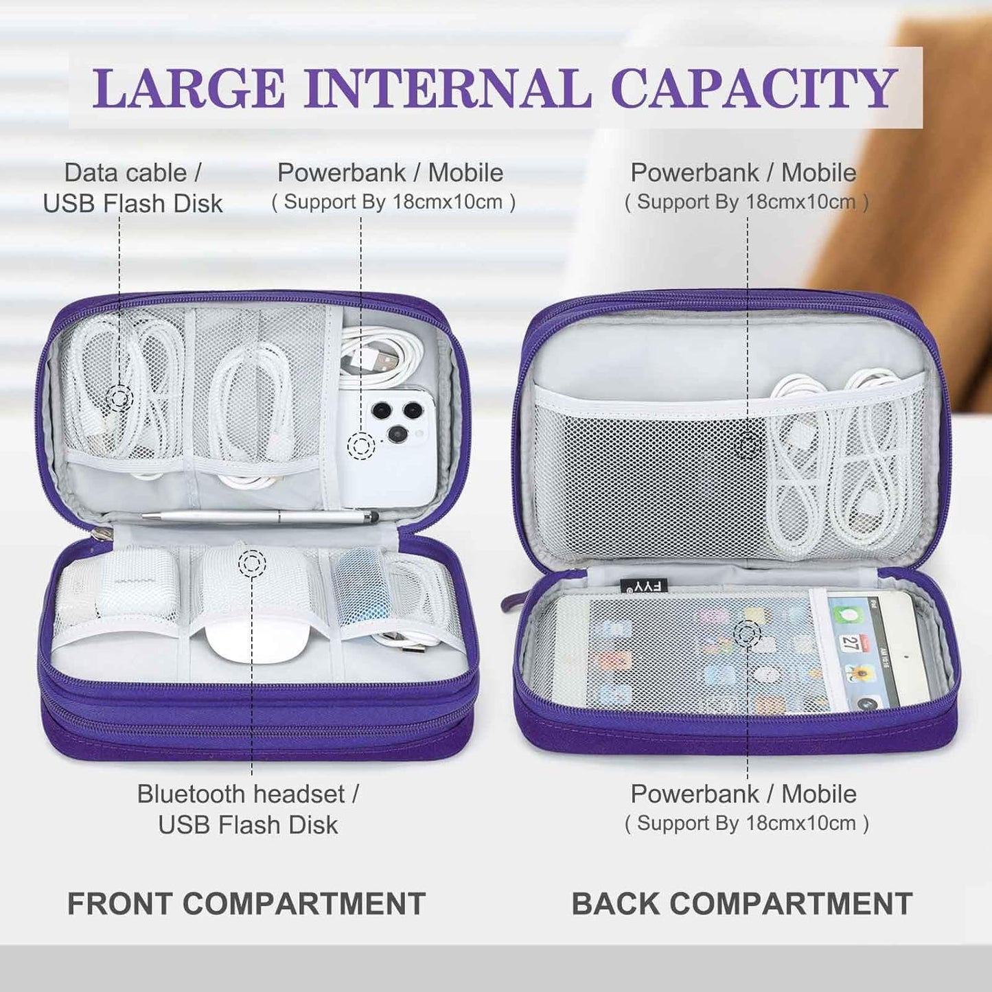 FYY Electronic Organizer, Large Travel Cable Organizer Bag Pouch Electronic Accessories Carry Case Portable Waterproof Double Layers All-in-One Storage Bag for Cable, Cord, Charger, Purple