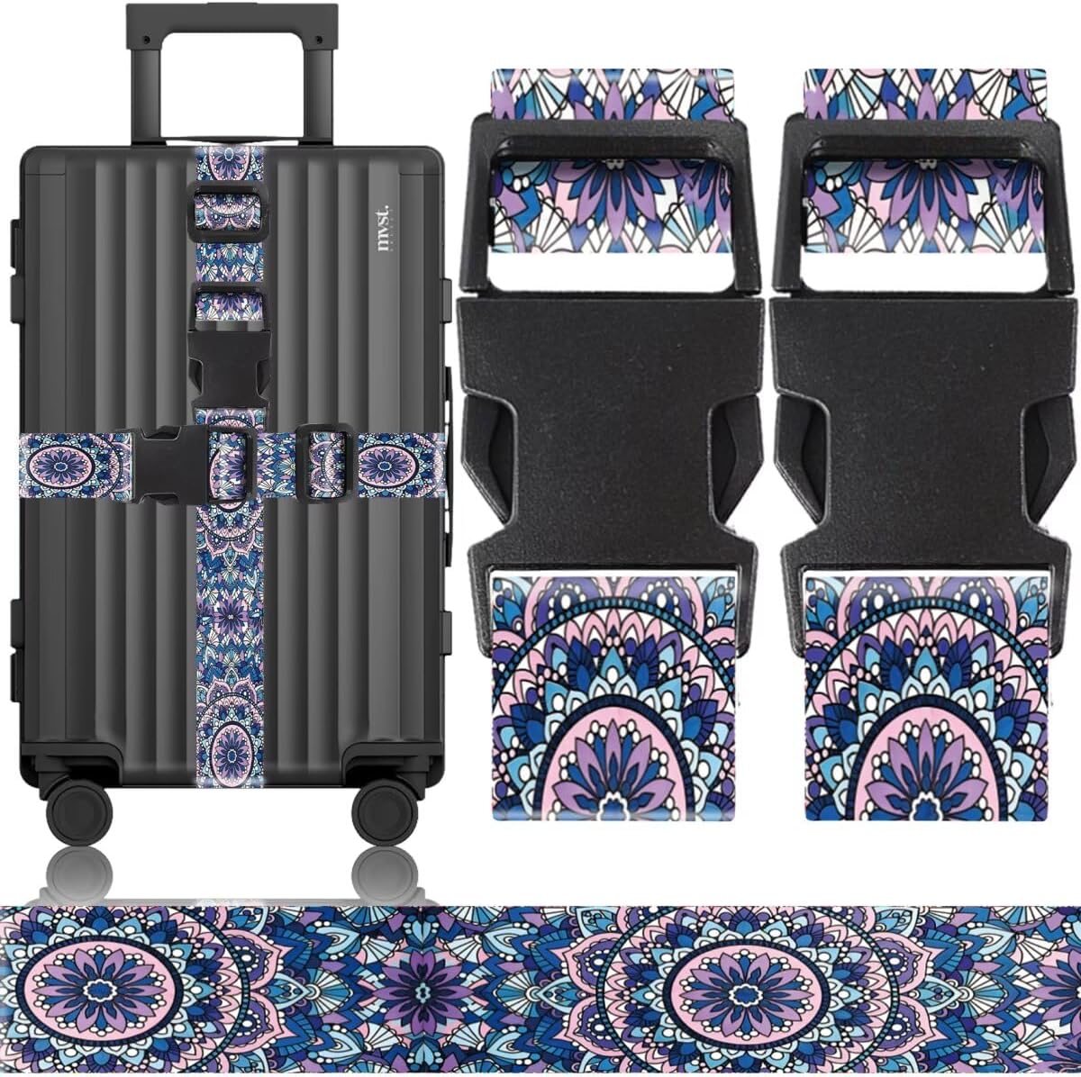 2 Pack Luggage Straps for Suitcases Adjustable Luggage Belt TSA Approved, Bright Colors Travel Packing Straps with Quick Release Buckle Unique Nylon for Sleeping Bag Car Seat, Purple Flower