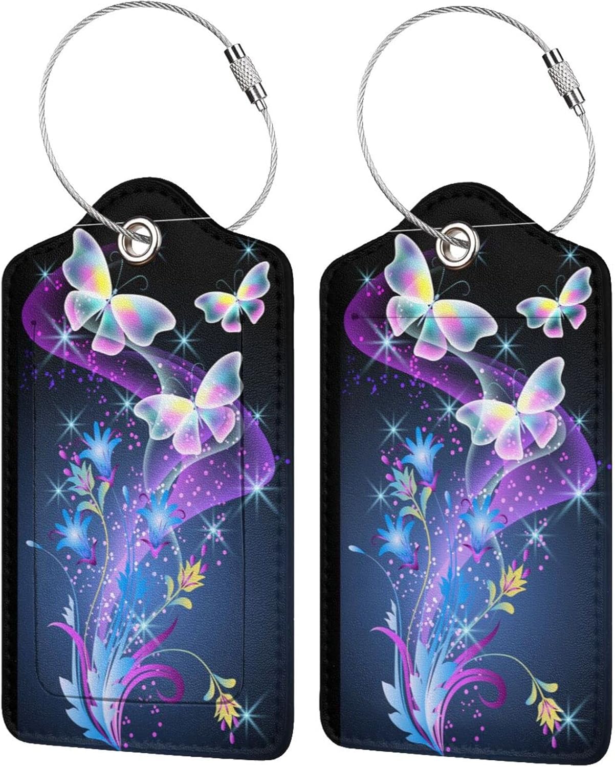 2Pcs Glowing Flowers and Butterfly Luggage Tags, Colorful Fancy Name ID Identifier Labels for Suitcase Baggage Travel Bag, Shine Aesthetic Leather Bag Tags with Full Privacy Cover