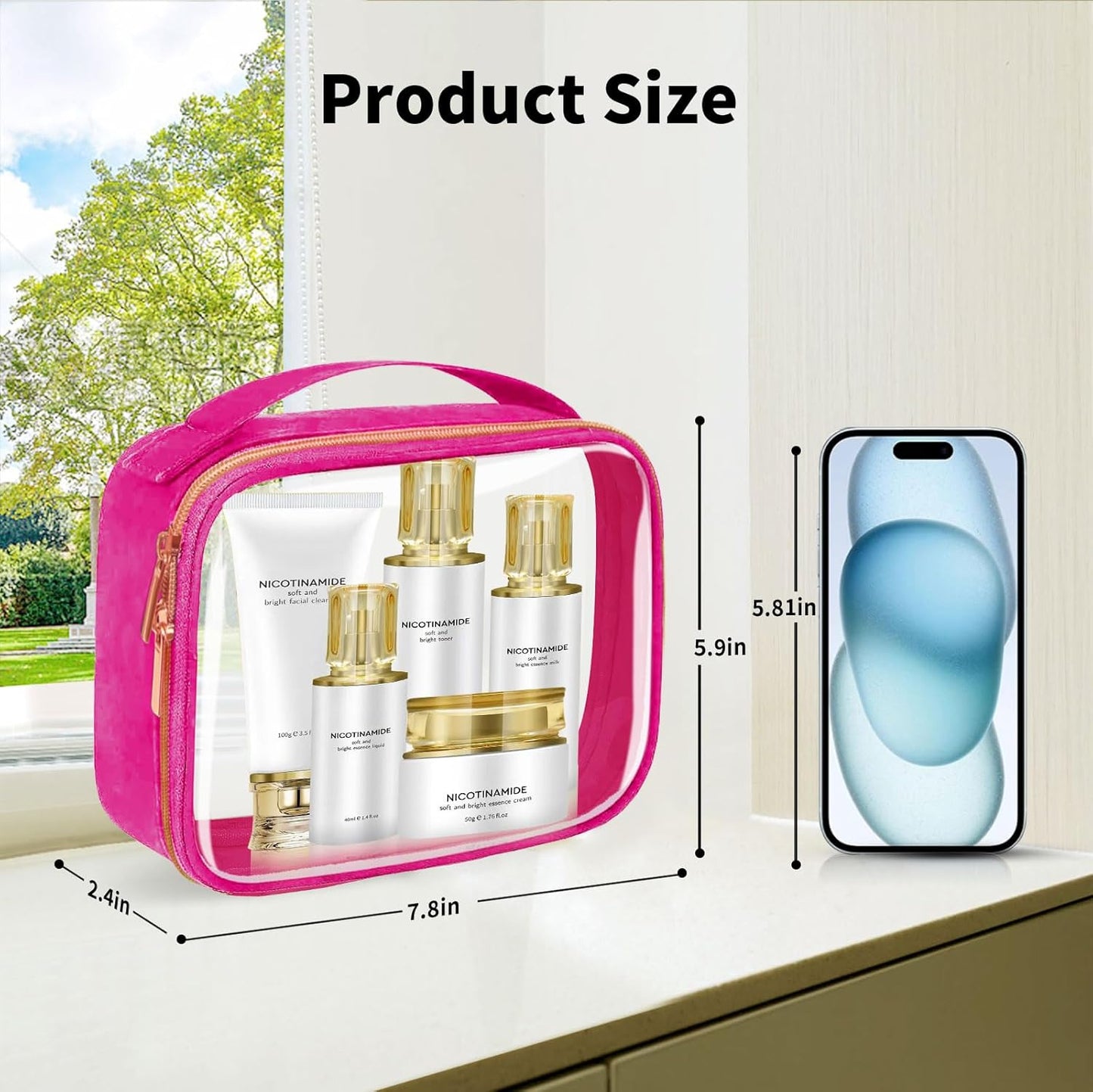 TSA Approved Travel Toiletry Bag,3 Pack Clear Makeup Bags with Handles,Quart Size Clear Cosmetic Bags for Traveling Women,Men,Carry on Airport Airline Compliant Bag,Rose Red