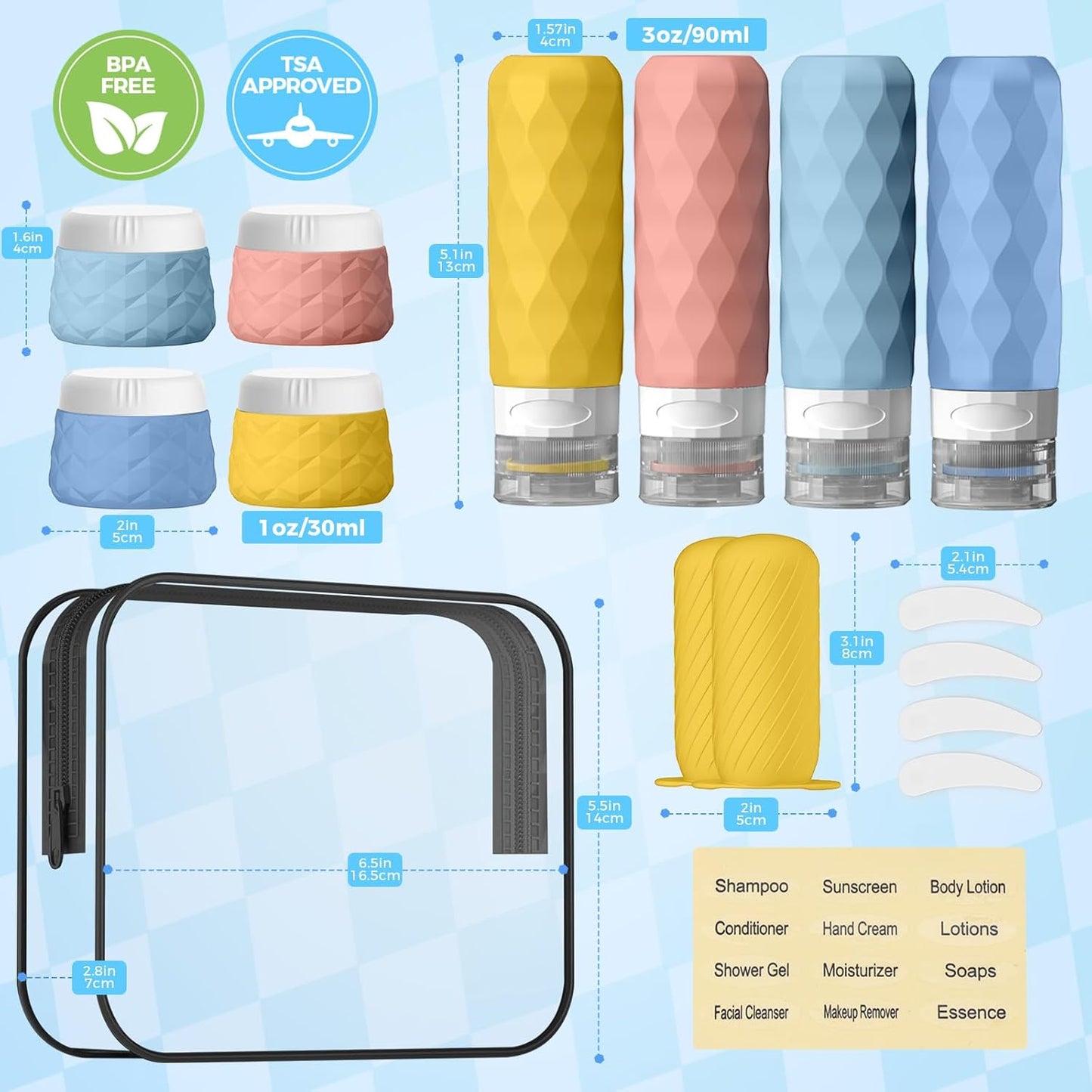 16Pack Travel Bottles for Toiletries, TSA Approved Travel Size Toiletries Containers Set, Silicone Leak Proof Refillable Bottles Elastic Sleeves Creams Jars Accessories Kit W/Clear Bag (Bright)