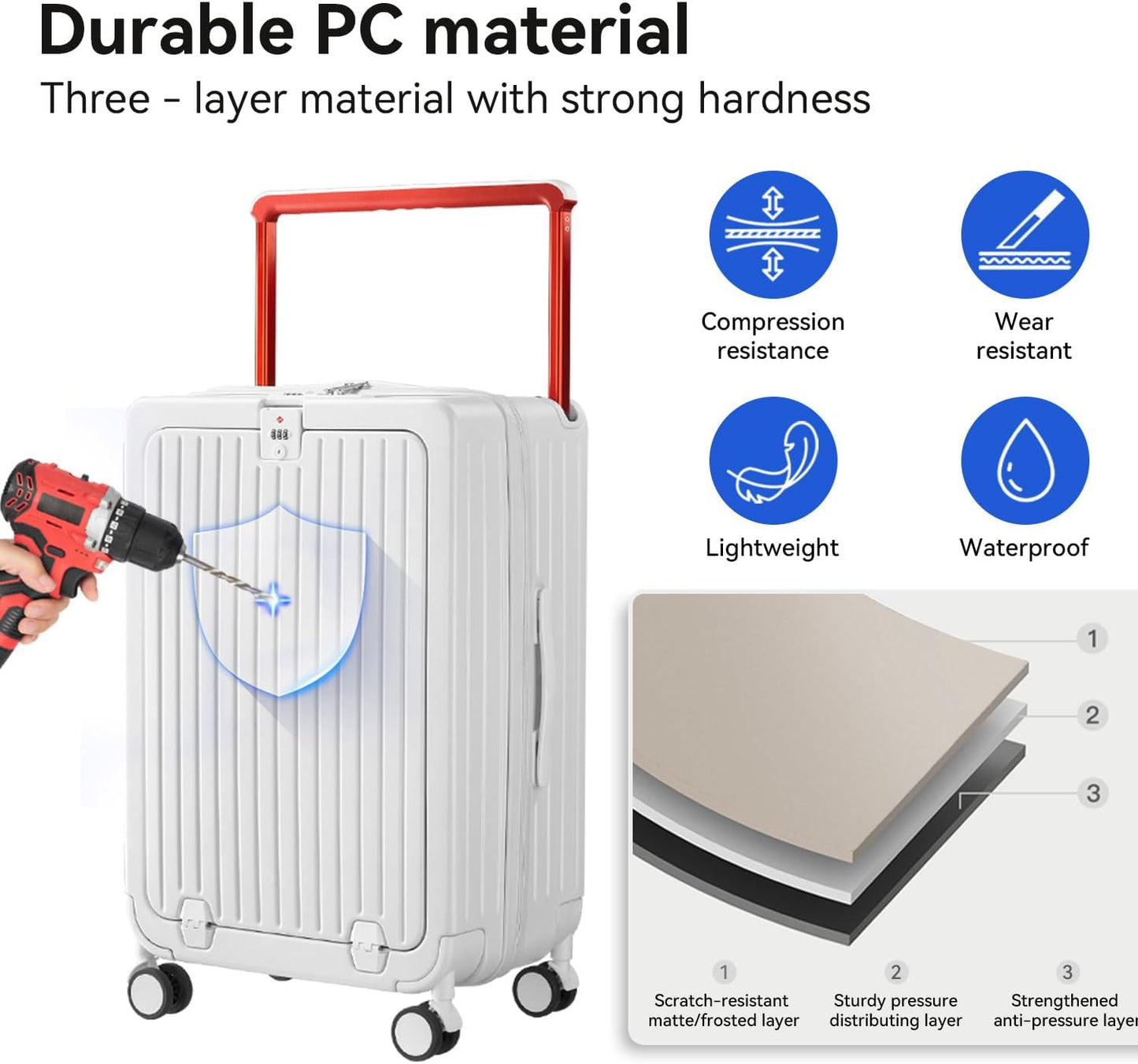 SOKOK Front Pocket Luggage Carry On with Spinner Wheels, Wide Handle Travel Suitcase PC Hardshell Durable Rolling Luggage for Business Trip with Charging Port and Cup Holder, White