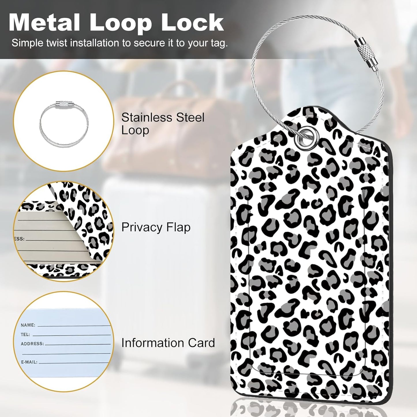 2Pack Luggage Tags for Suitcases, Cute Unique Pu Leather Cruise Luggage Tag with Privacy Cover ID Label Address Card and Metal Ring Suitable for Women Men Kids Travel Bag Gray Leopard Print