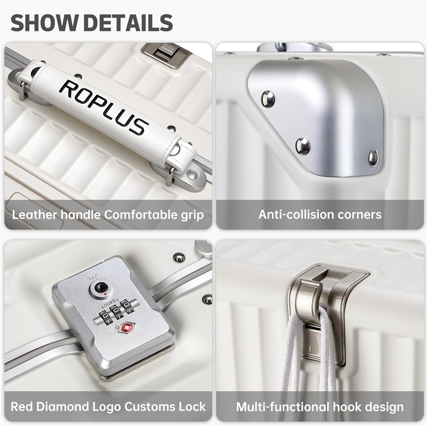 Aluminium Frame Carry on Luggage with Smooth Jelly Wheels, Hardside Zipperless Rolling Suitcase with TSA Lock (Pure White, 21-Inch)