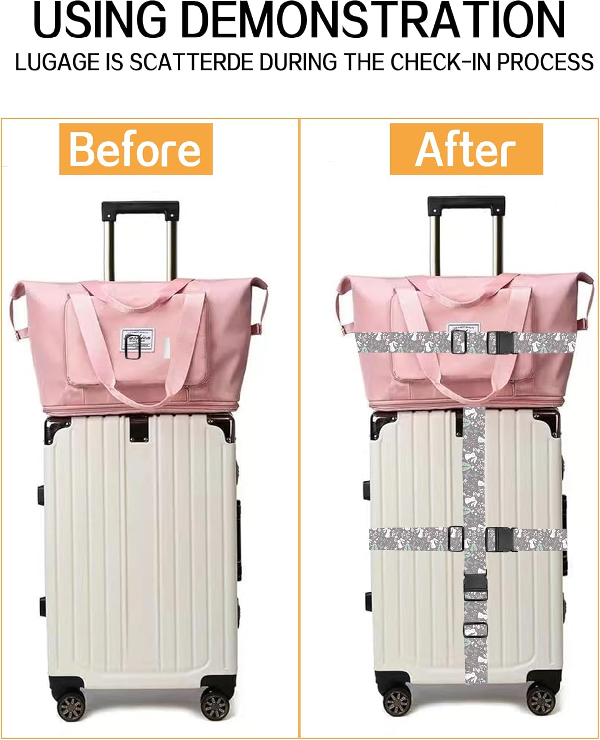 Luggage Straps for Suitcases, Adjustable Travel Belt, Durable Wide Luggage Strap, Cute Suitcase Strap Identifiers with Buckle, Bag Straps for Luggage, Cute Rabbits