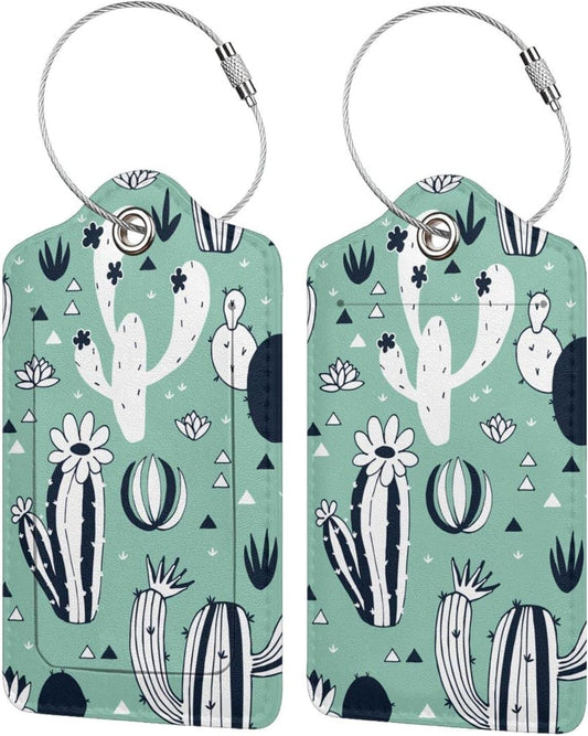 2 Pack Cute Cactus Green Suitcase Tags Identifiers Unique Leather Luggage Tags with Stainless Steel Loop Privacy Cover ID Label for Women Men Girls Boys Travel