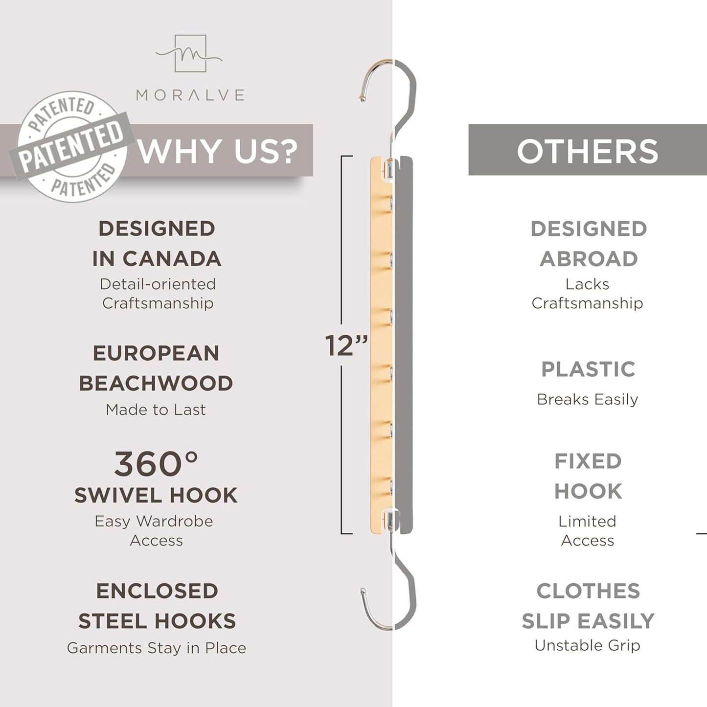 MORALVE Space Saving Hangers for Closet – 4 Pack European Beechwood 6-Tier Shirt Organizer with 360° Swivel Hook – Collapsible Clothes Hanger for Closet Organization (Hangers Not Included)