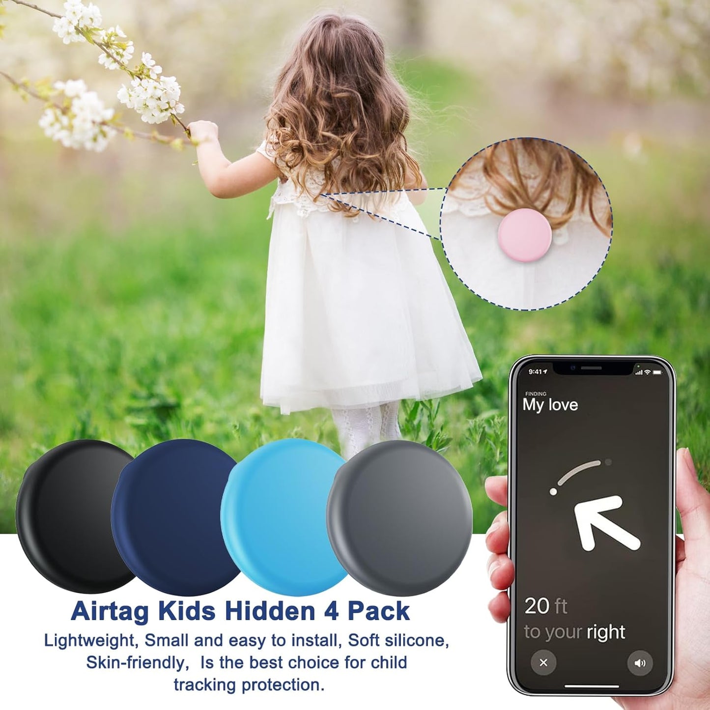 Compatible for Air Tags-4 Pack Apple Kids Hidden, for Airtag Holder for Kid, for AirTag Hidden Kids Holder with Invisible Pin, for Children, Elderly, Luggage, Clothing (Black Gray Navyblue Sky Blue)