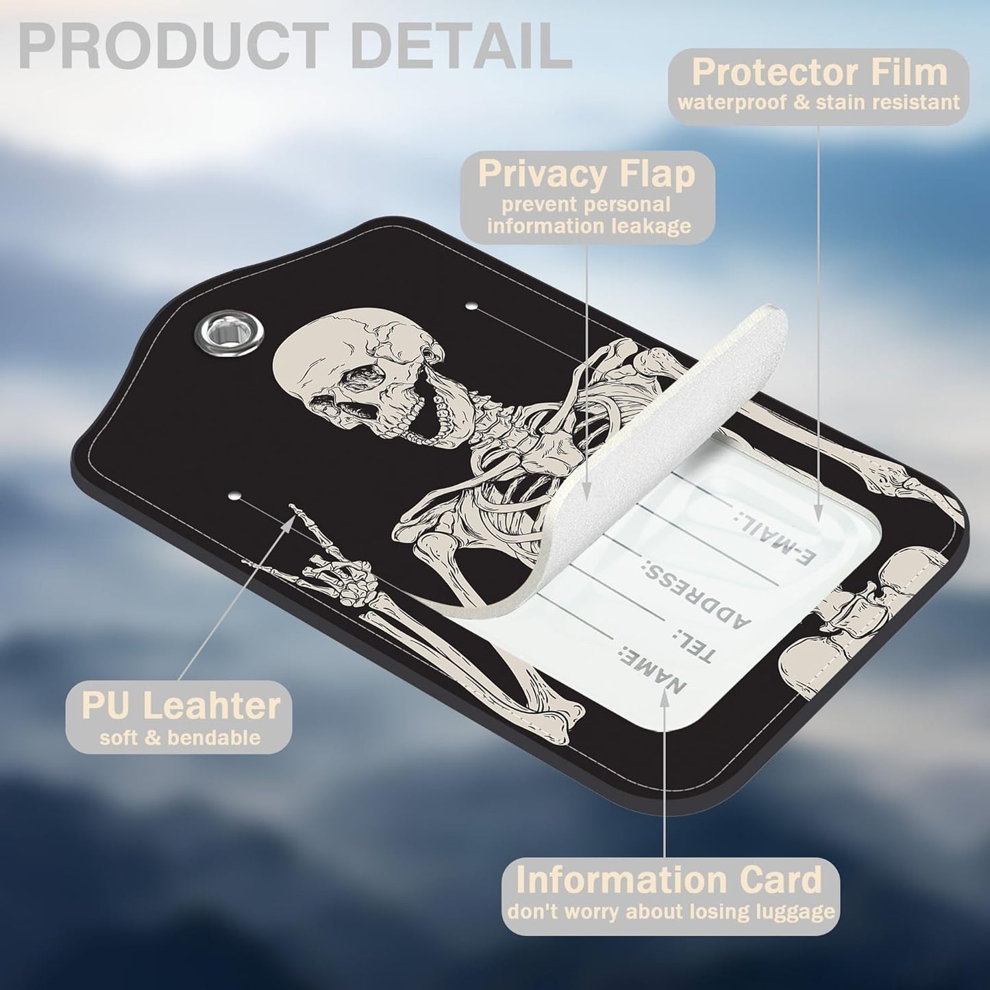 2 Pcs Rock and Roll Skull Luggage Tags for Suitcases PU Leather Baggage Tags Name ID Label with Privacy Cover and Stainless Steel Loop for Men Women Travel Bag Suitcase