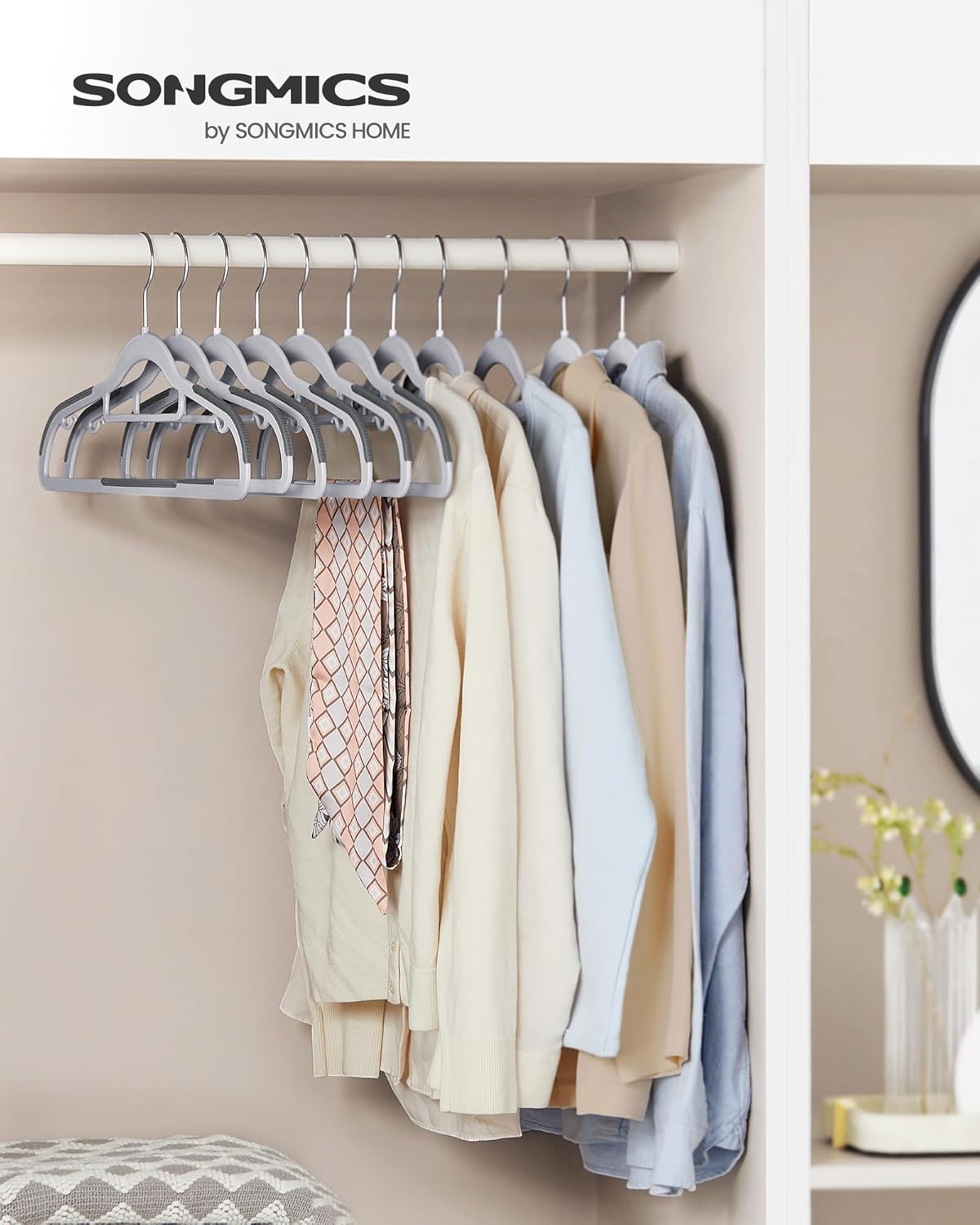 SONGMICS Pack of 30 Coat Hangers, Space-Saving Plastic Clothes Hangers, Non-Slip, 0.2 Inches Slim, 16.5 Inches Wide, 360° Swivel Silver Hook, Light and Dark Gray UCRP20G30