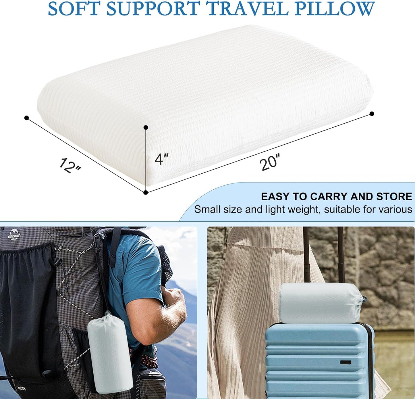 YOUR MOON Memory Foam Travel Pillow, Pure Cotton Cover, Compressible Camping Pillow for Sleeping, Portable Backpacking Support Pillows for Hiking, Car & Airplane (Off White)