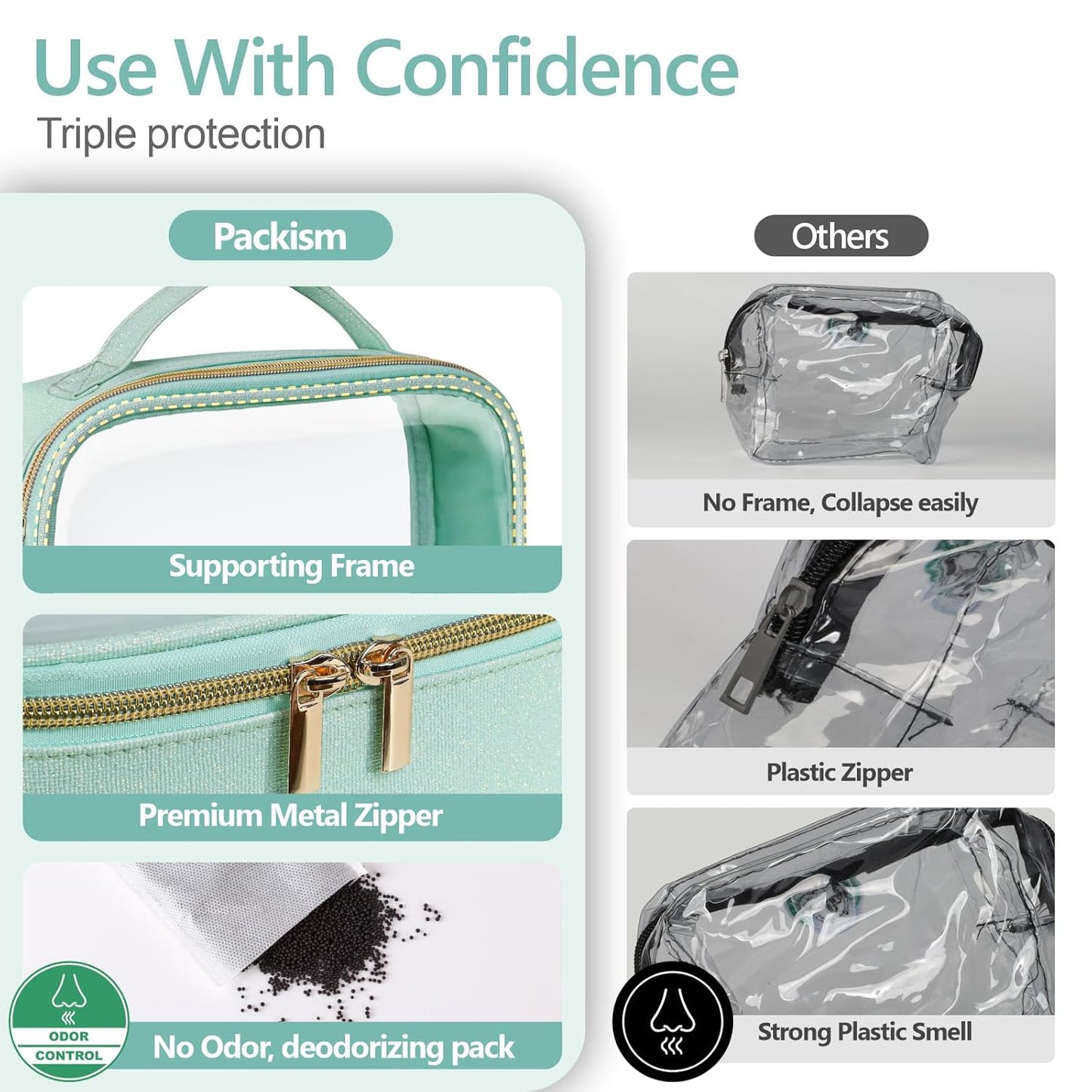 PACKISM TSA Approved Toiletry Bag - Glitter Textured Clear Makeup Bag, Personalized and Fashion, with 180° Large Opening and Supporting Frame, Perfect for Travel Essentials, Thick No Smell, Green