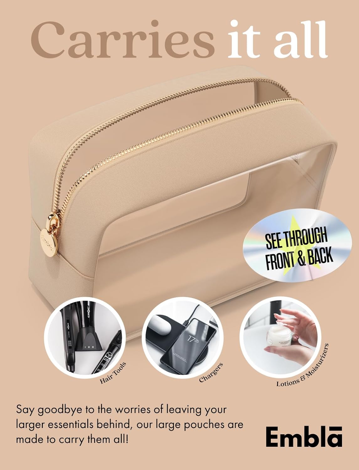 Clear Makeup Bag Zipper Pouch, Transparent Cosmetic Case Organizer, TSA Approved Travel Toiletry Case, Travel Accessories Essentials Makeup Tote for Women, Large Cute Make up Bag for Purse - Sand