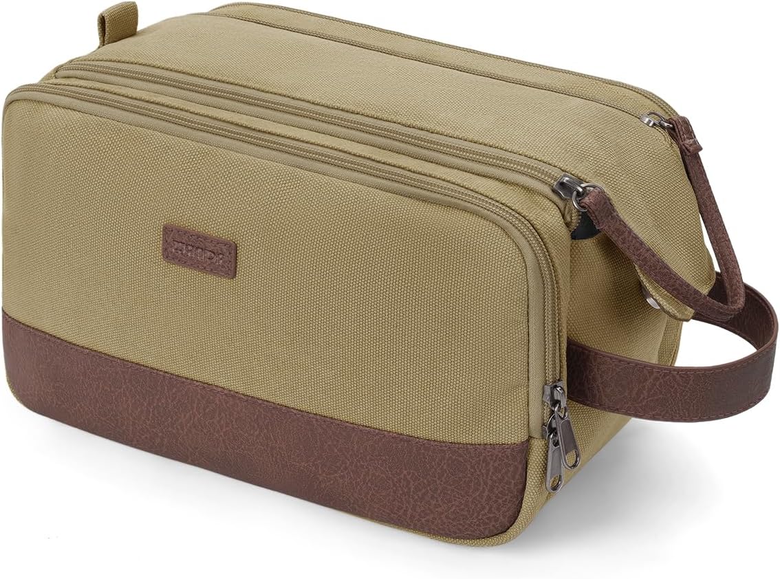 WANDF Toiletry Bag for Men Travel Toiletry Organizer Canvas and Leather Dopp Kit Water-Resistant Shaving Bag for Travel Accessories (Classic Khaki, Large)