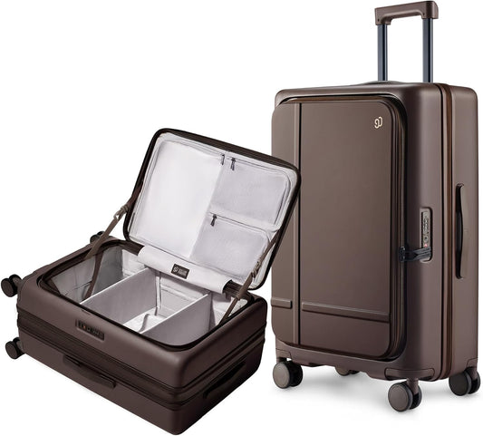 NINETYGO Medium Checked Luggage 25 Inch, Flat Top Opening Checking In Luggage with Cup Holder, Expandable, Coffee-Infused PC Hard Shell, Eco-Friendly, TSA Lock, 360° Spinner Wheels (Americaco)