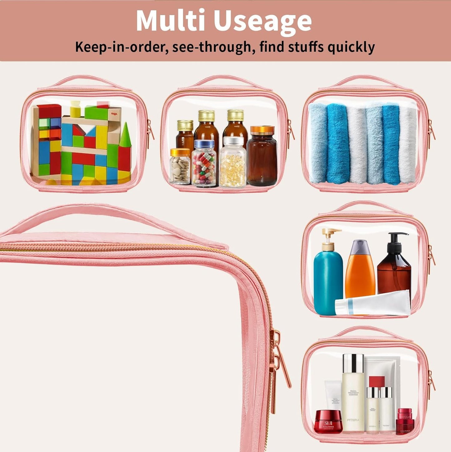 Travel Toiletry Bag,2 Pack Clear Makeup Bags with Handles,180°Opening Clear Cosmetic Bags for Traveling Women,Men,Travel Essentials,Pink