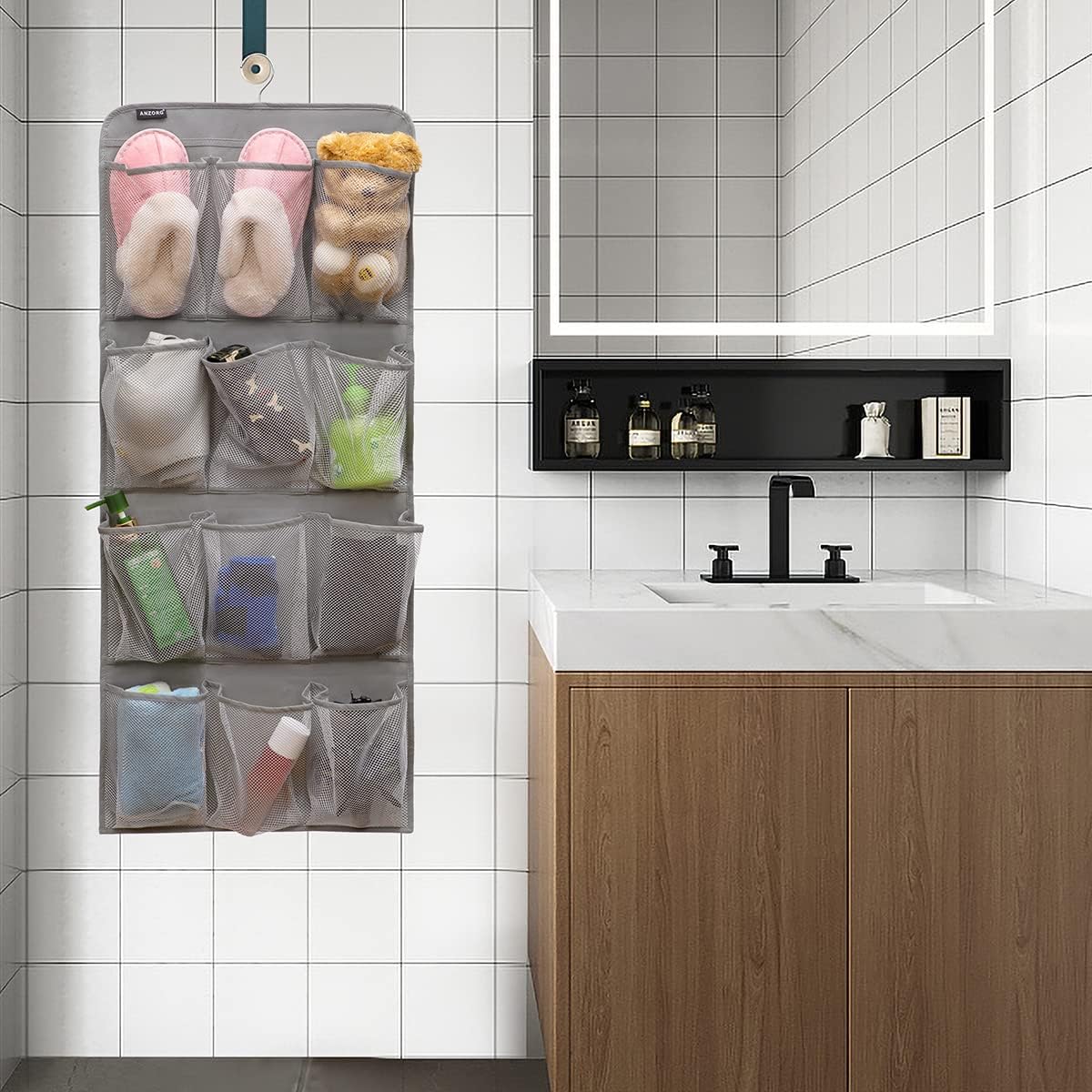 Dual Sided Hanging Shoe Organizer for Closet with Rotating Hanger Hanging Shoe Rack Holder with 24 Large Pockets (Grey-Mesh Pockets)