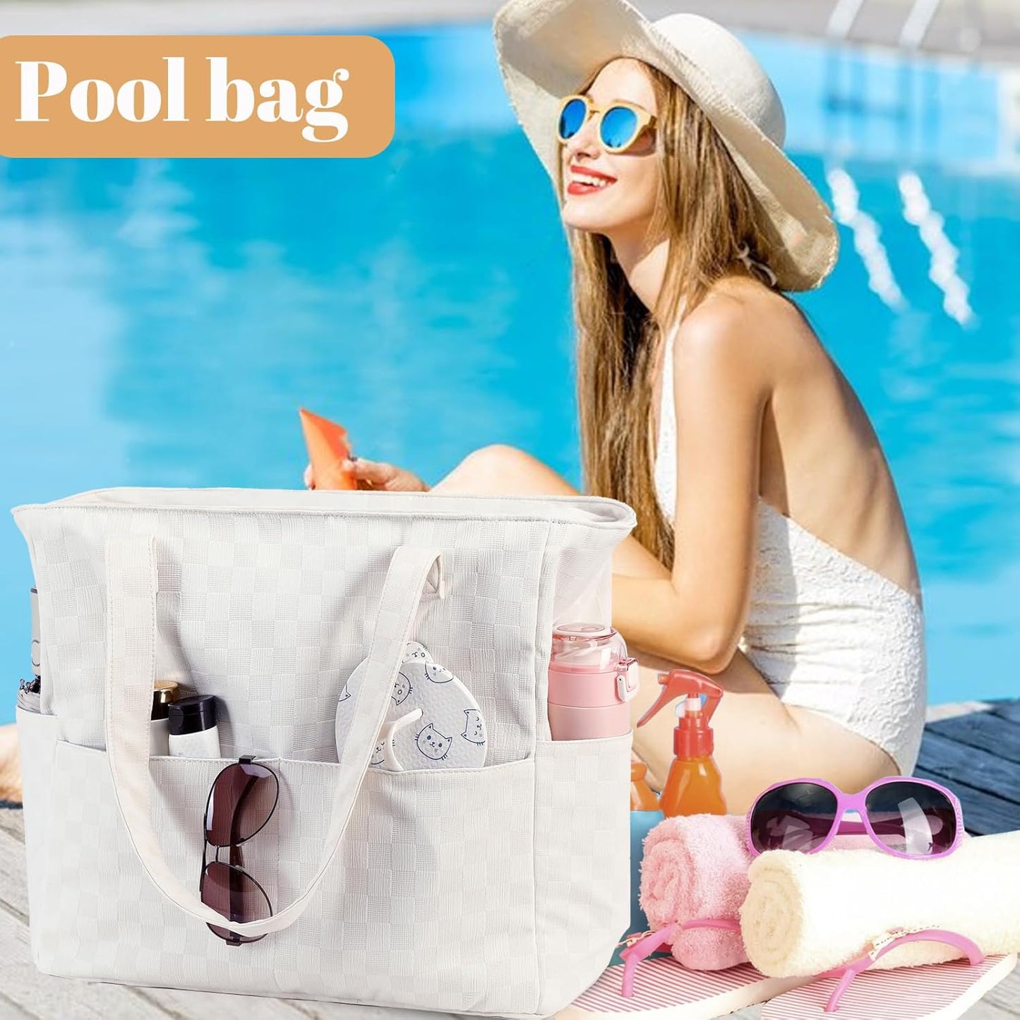 LEDAOU Beach Bag Waterproof Sandproof Women Tote Bag Pool Bag with Zipper for Gym Grocery Travel with Wet Pocket