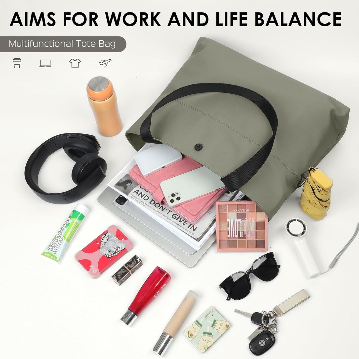 SIMTOP Tote Bag for Women with Magnetic Pocket Water Resistant Polyester 16.2" Laptop Compartment for Travel, Office, Daily