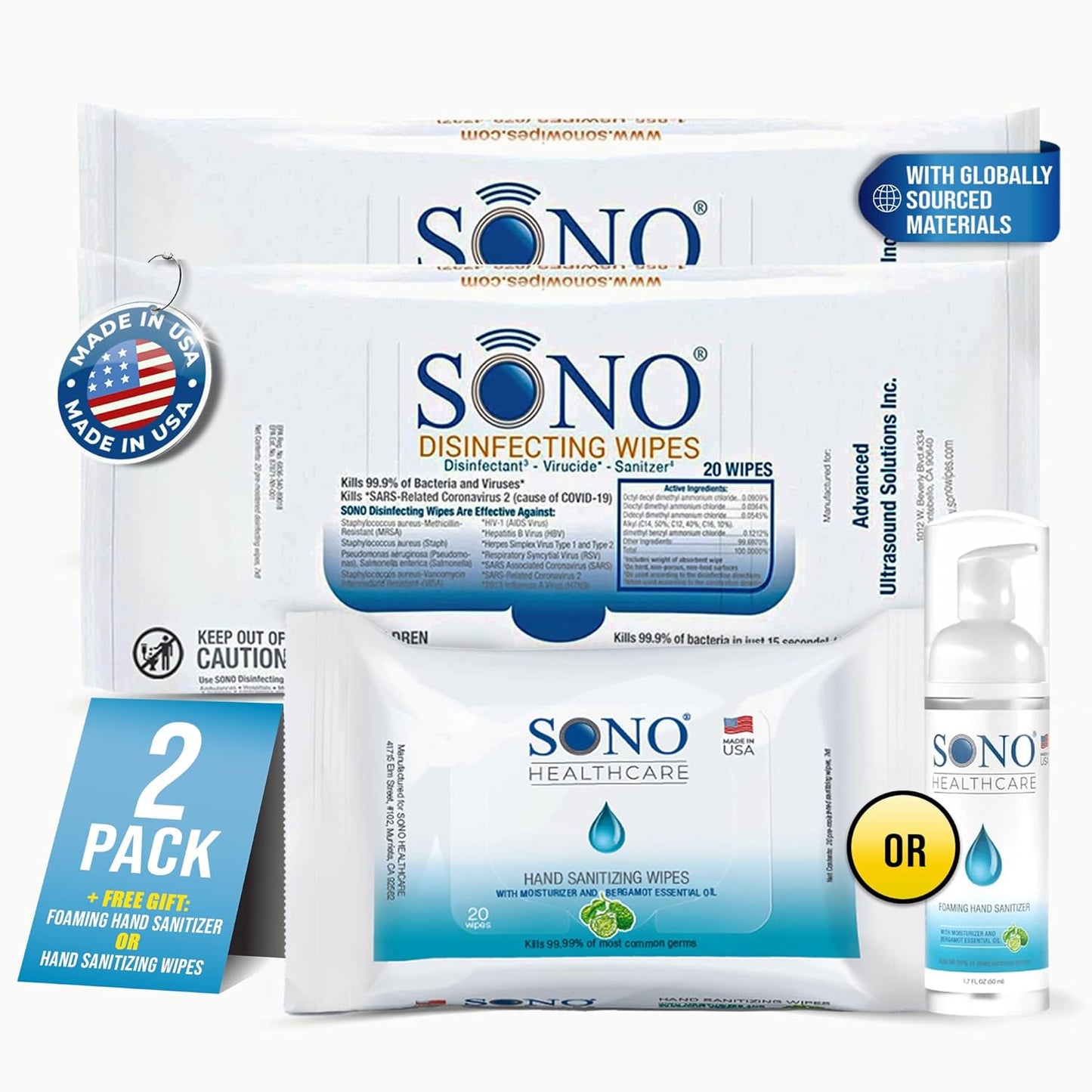 SONO Multi-Surface Disinfecting Wipes - 40 Count (Pack of 2) + Sanitizer, Shoe Cleaner & Sanitizer Kit, Quick Clean and Stain Removal, Sneaker Cleansing Travel Pack