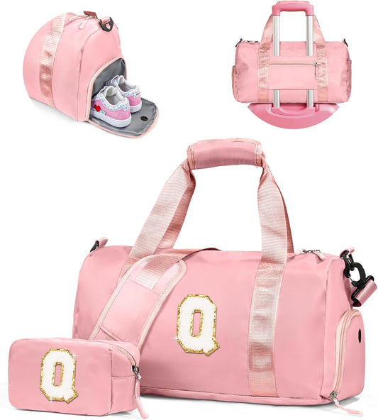 Valentines Day Gift for Girls-Girl Gym Bag with Shoe Compartment, Kid Personalized Weekender Overnight Bags, Initial Travel Tote with Makeup Pouch, Easter Gifts for Teen Daughter (Letter Q)