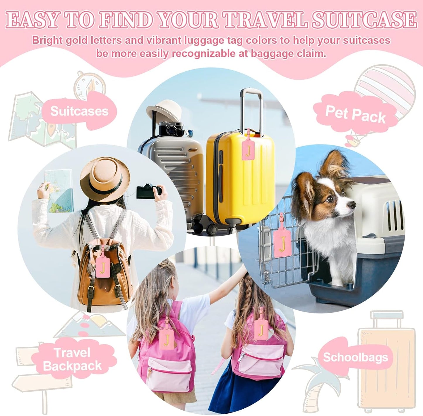 Personalized Initial Luggage Tags for Suitcase, Pink Leather Cute Luggage Tags with Privacy Cover Name Card, Embroidered Custom Monogrammed Luggage Tag Travel Bag Baggage Tags Gifts for Women Kids(J)