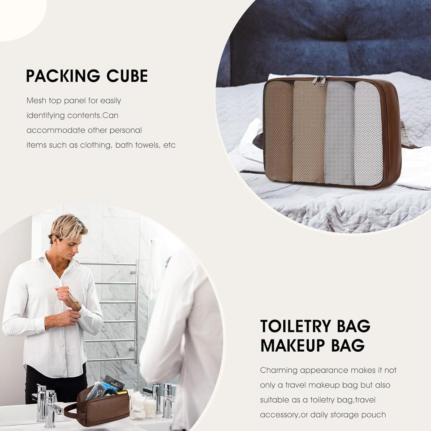 Wogarl 3PCS Faux Leather Weekender Bag for Women Men Large Overnight Travel Duffel Bags with Shoe Compartment Toiletry Packing Cube Carry On Duffle Fit 21" Laptop(Coffee)