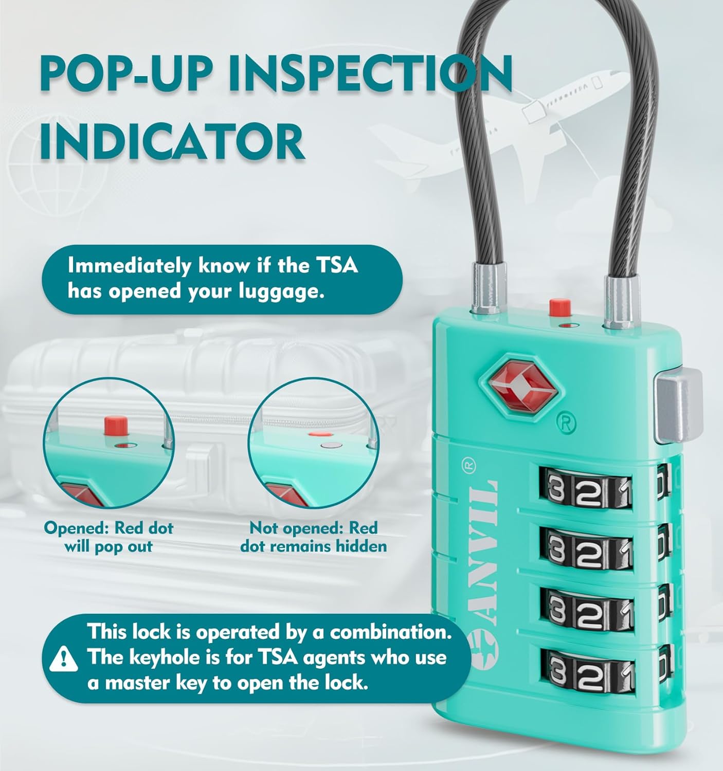 ANVIL 4 Digit Luggage Locks, TSA Locks for Luggage, Advanced TSA008 core, Alert Indicator for Your Travel Lock, Suitcase Lock. (4, Cyan)