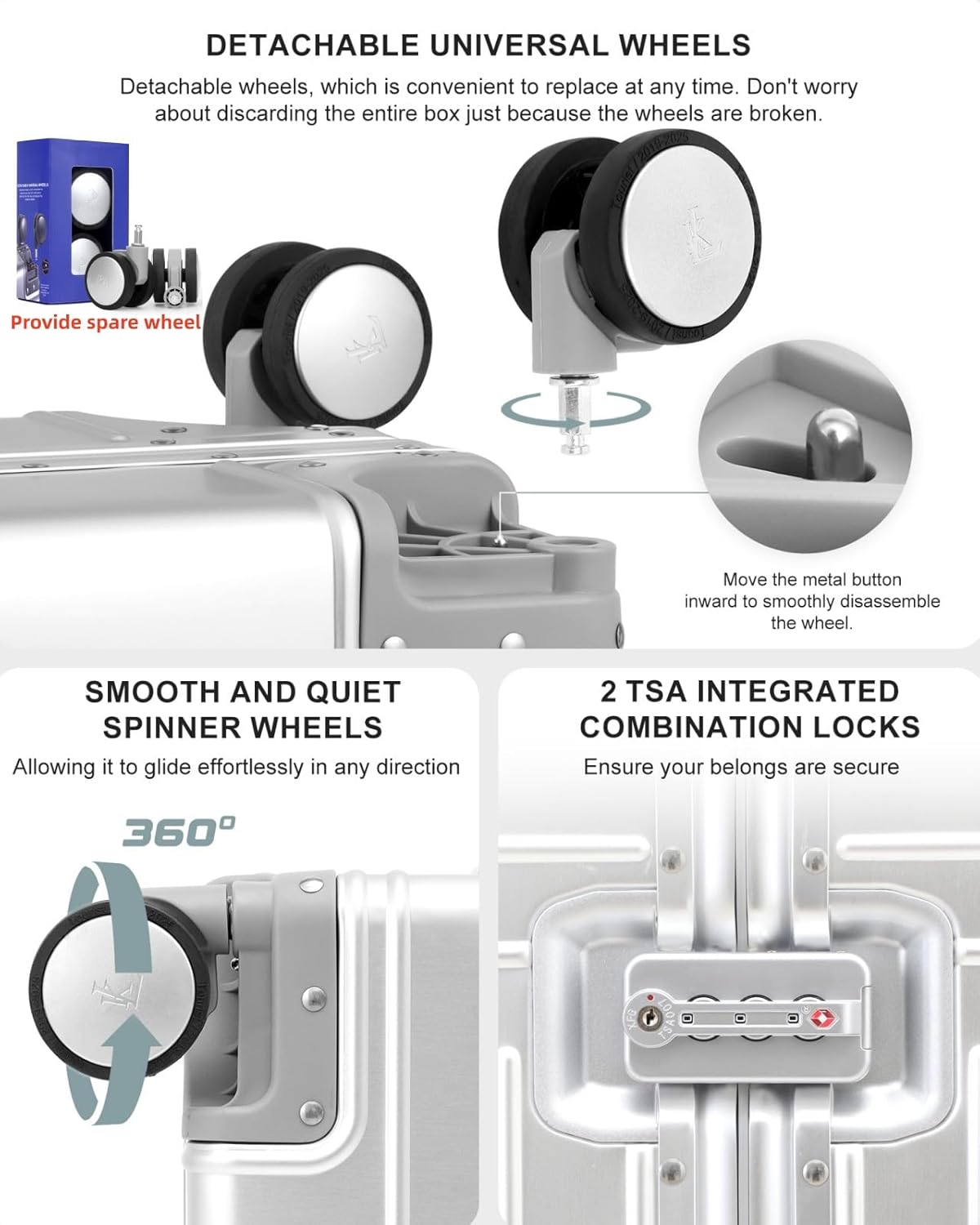 All Aluminum 20'' Luggage with Removable Spinner Wheels,Provide Spare Wheels.Carry on Luggage 22 x 14 x 9 Airline Approved Lightweight Metal Hard Shell Zipperless Suitcase