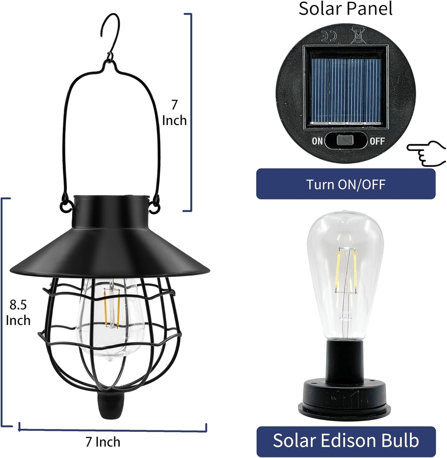 2 Pack Solar Lanterns Outdoor Waterproof Hanging Solar Lights with Vintage Metal Warm White Light Edison Bulb Design, Decorate for Garden Yard Porch and Christmas(Black)