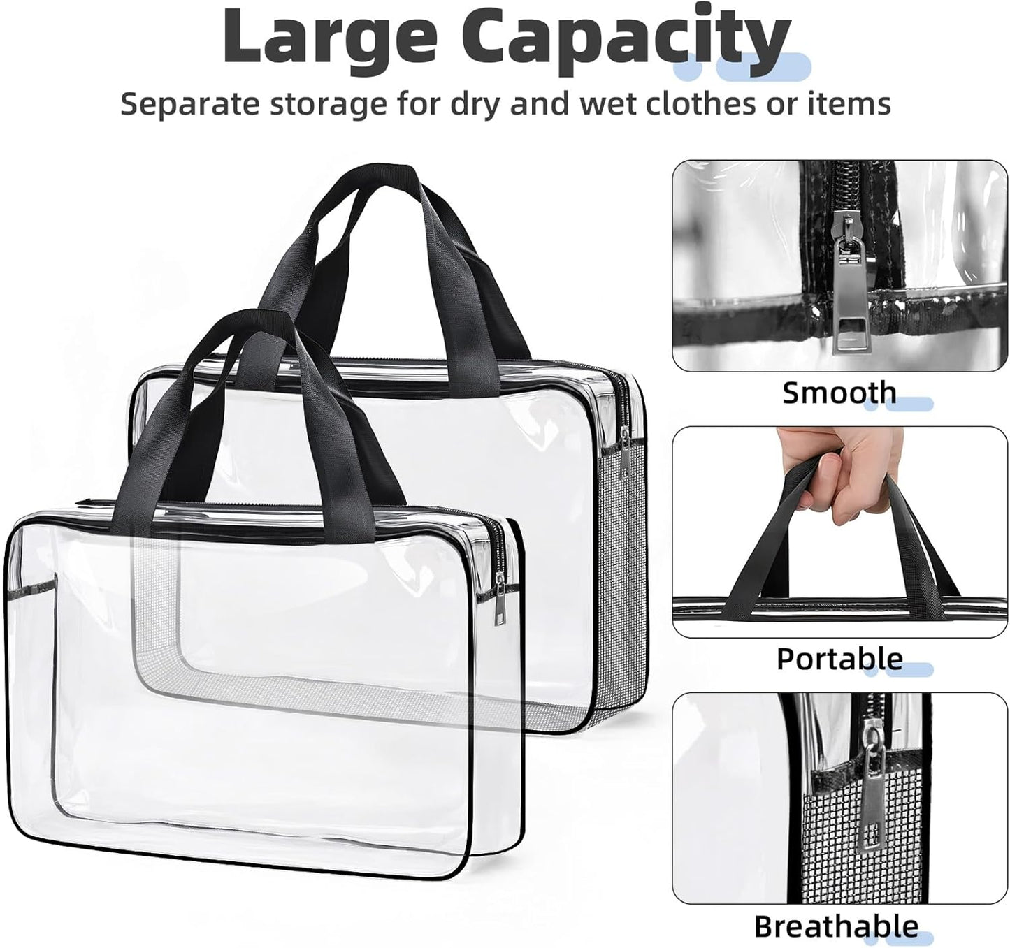 ABSOFINE Clear Toiletry Bag for Travel Size Toiletries, 4 Pack Large Waterproof PVC Makeup Bags with 2 Pack Airport Security Liquids Bags, Travel Essentials toiletry Bottles for Women Girls Men