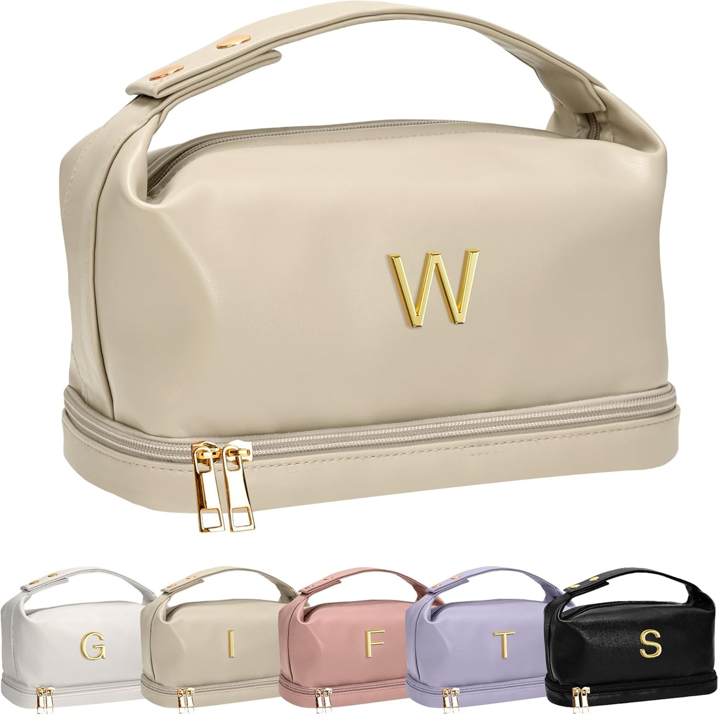 Letter Makeup Bags, Personalized Bags with Handle, Waterproof Double Layer Cosmetic Bag, Large Capacity PU Leather Makeup Bags Letter Travel Toiletry Bag with Makeup Brush Organizer