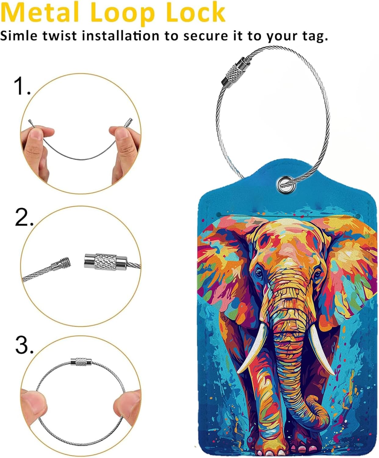 Colorful Elephant 2-Pack Luggage Tags for Suitcases,Leather Baggage Tag with Loop, Tags Private Name ID Labels for Women Girl Men Boys Travel Baggage Suitcase