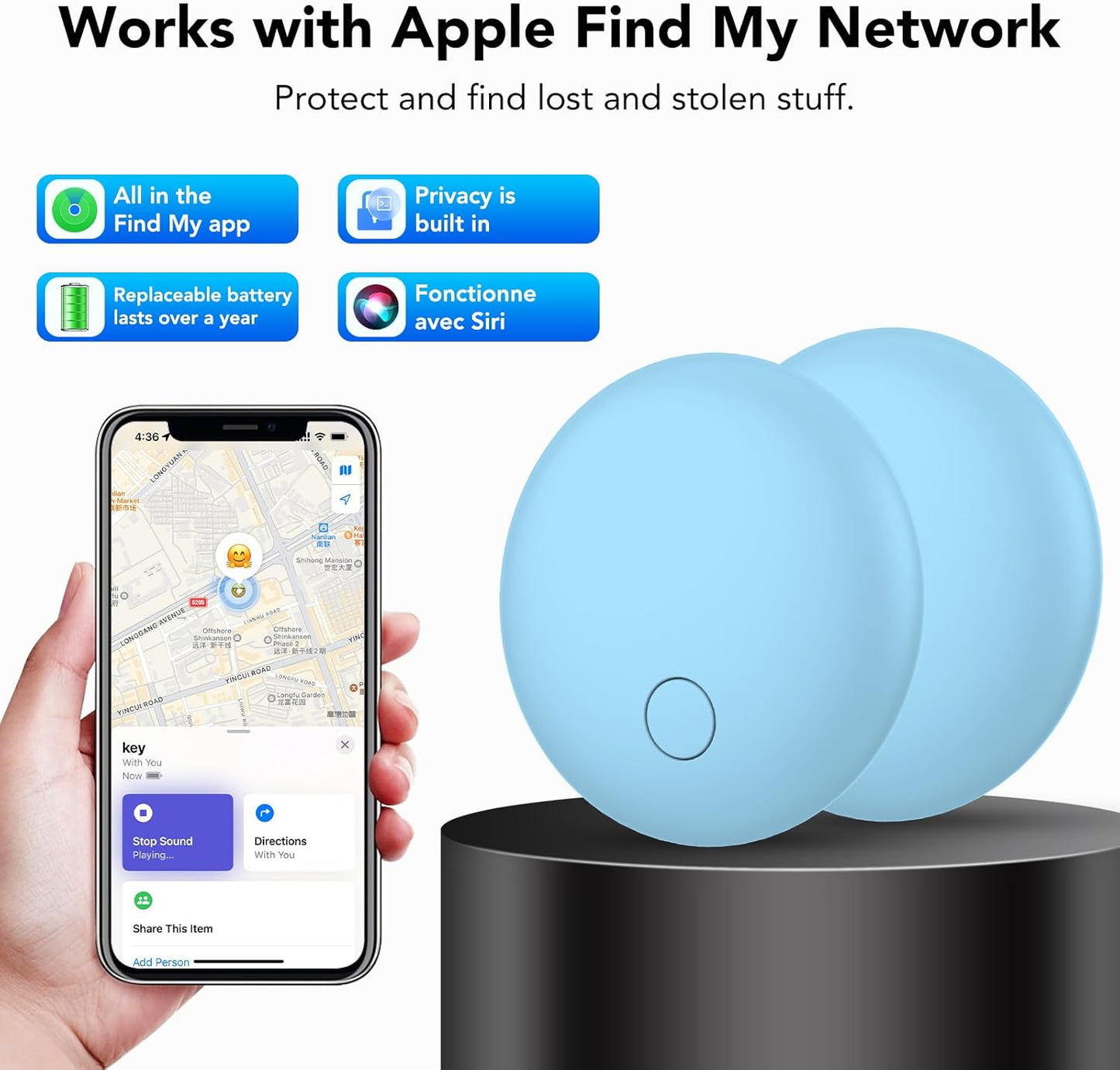 Air Tags Tracker 2-Pack, Item Finders Work for Apple Find My APP(iOS Only) Tracker Tags for Keys, Luggage, Backpack etc,Replaceable Battery, IP67 Waterproof with Holder Keychain,Sky Blue and Green